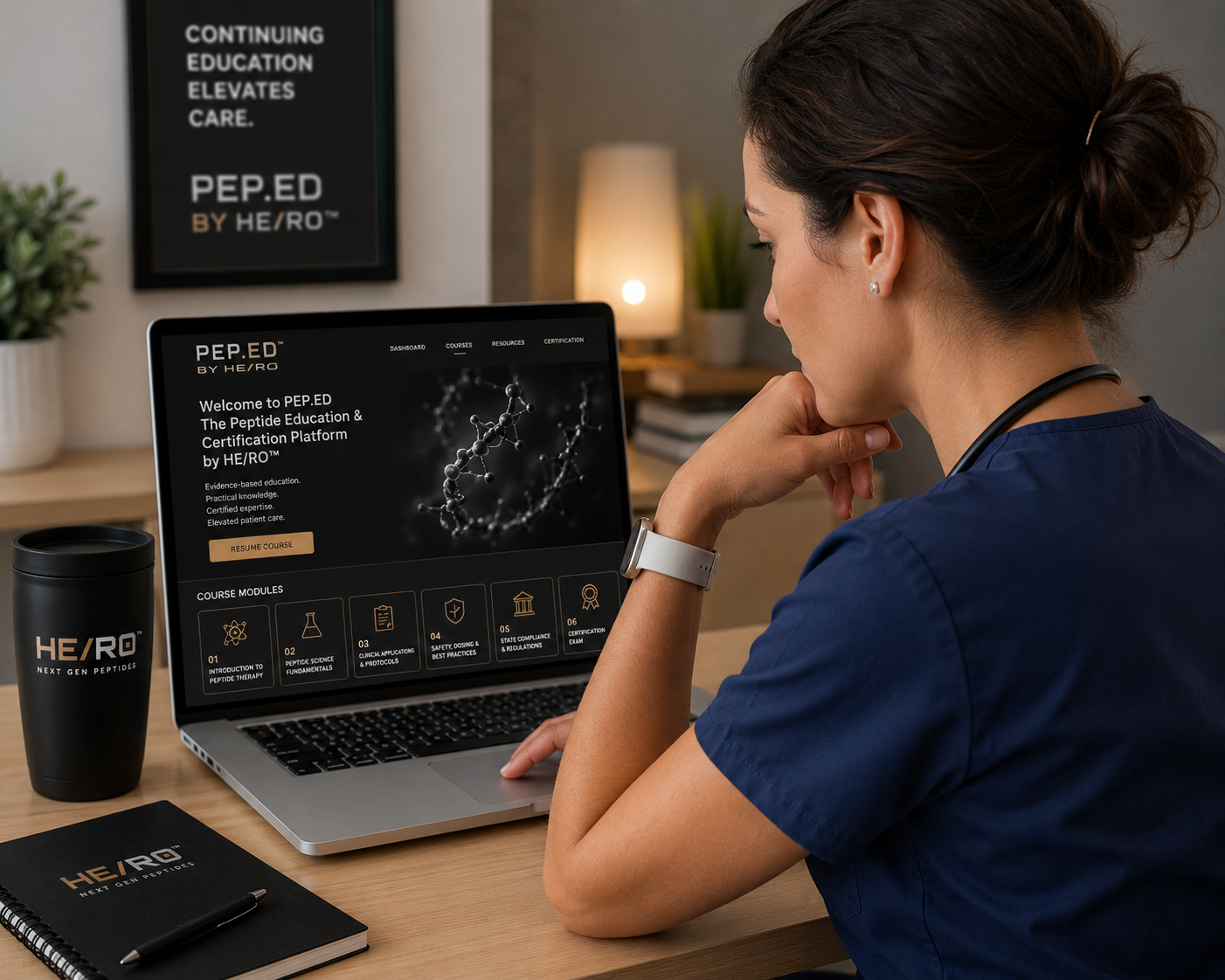 PEP.ED platform shown on a provider's laptop with HE/RO branded materials